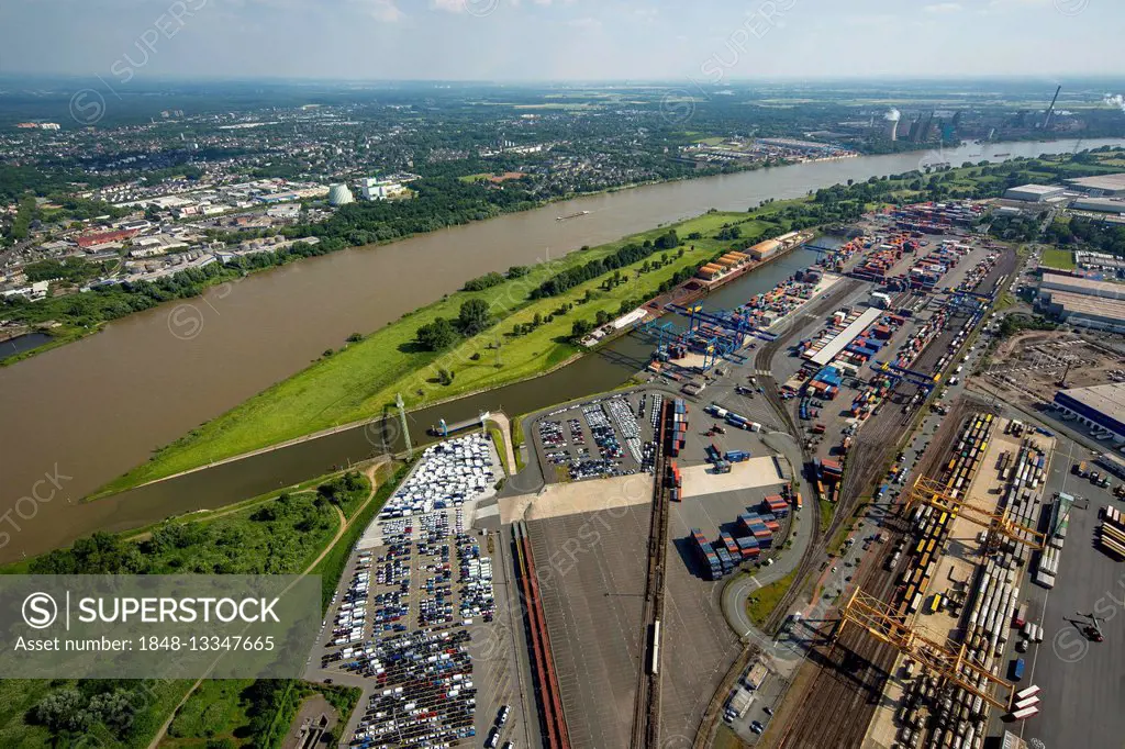 Aerial view, Port of Duisburg company Logport with car parking, herringbone pattern, Duisburg, Ruhr district, North Rhine-Westphalia, Germany