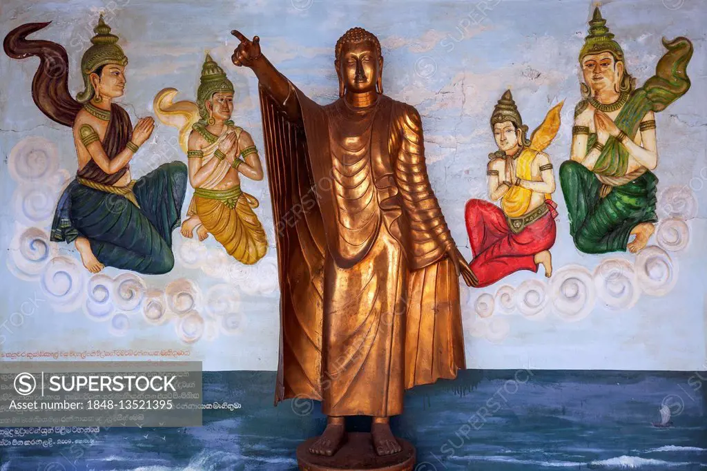 Bronze Buddha statue, Standing Buddha, mural, Weherahena Temple, Matara, Southern Province, Sri Lanka