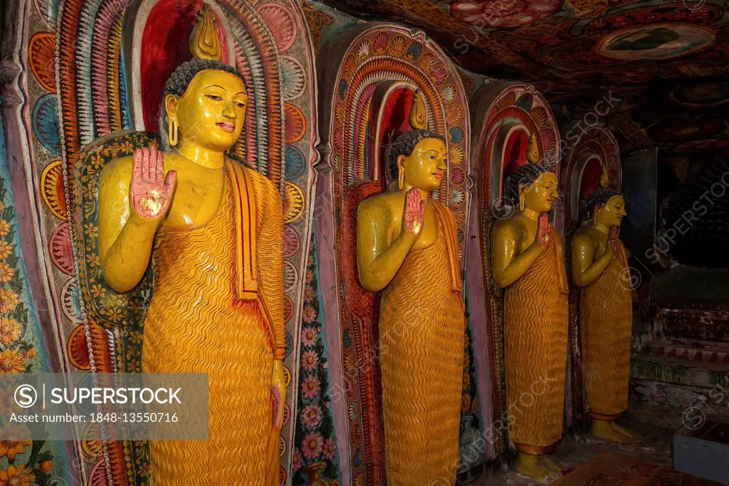 Buddha statues, murals, interior, Aluvihara Rock Temple, Matale, Central Province, Sri Lanka