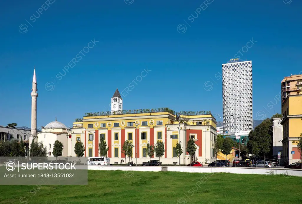 Skanderbeg Square, Et`hem Bey Mosque, Town Hall, Plaza Tirana Hotel, Tirana, Albania