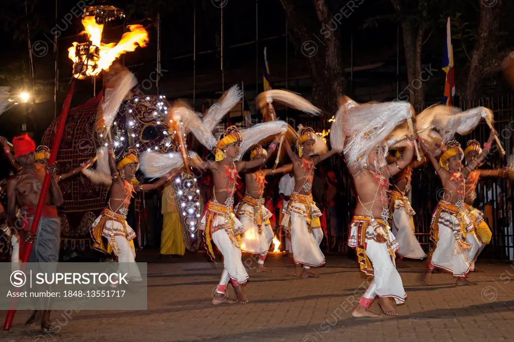 Dance troupe, dancers, Kandy Dancers in traditional costumes, Esala Perahera Buddhist festival, Kandy, Central Province, Sri Lanka