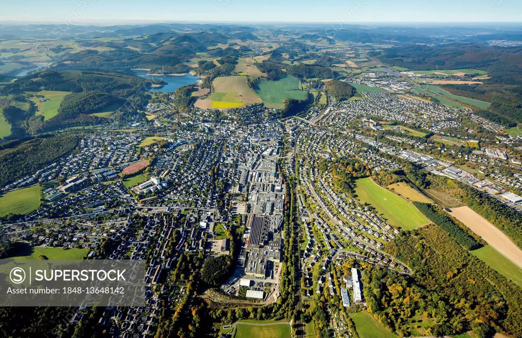 View of Meschede from 1,000 meters above, aerial, Meschede, Sauerland, North Rhine-Westphalia, Germany