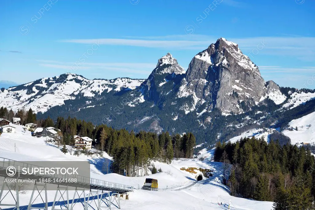 Schwyz-Stoos cable car, steepest funicular in the world, rear of large and small myths, Stoos, canton Schwyz, Switzerland