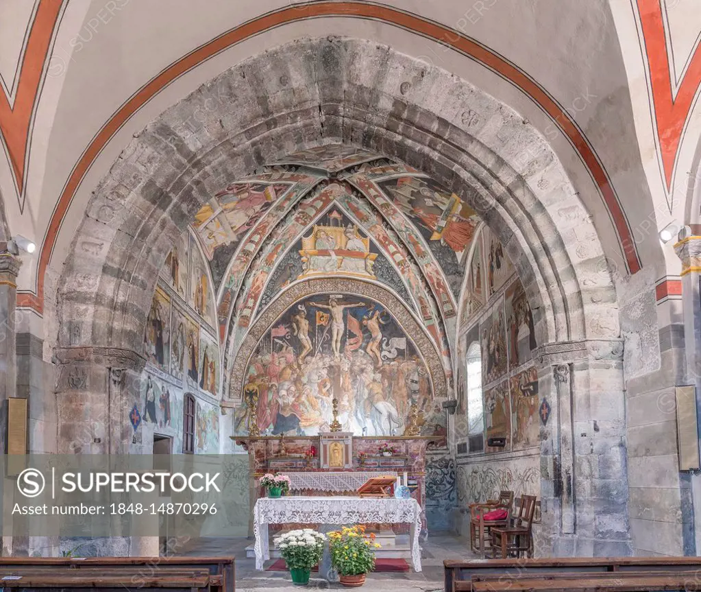 Frescoes over the altar in the parish church (Chiesa Parocchiale) from the 15th century, Val Maira, Elva, Piemonte, Italy