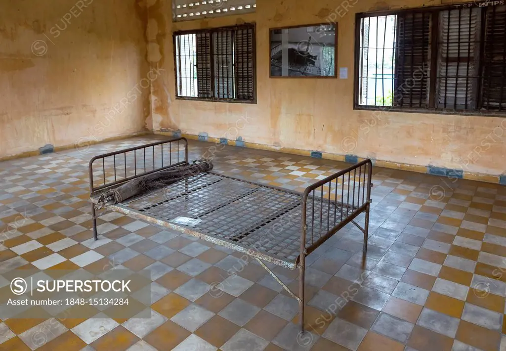 Bed at interrogation room of S-21 Prison, Tuol Sleng Genocide Museum in Phnom Penh, Cambodia