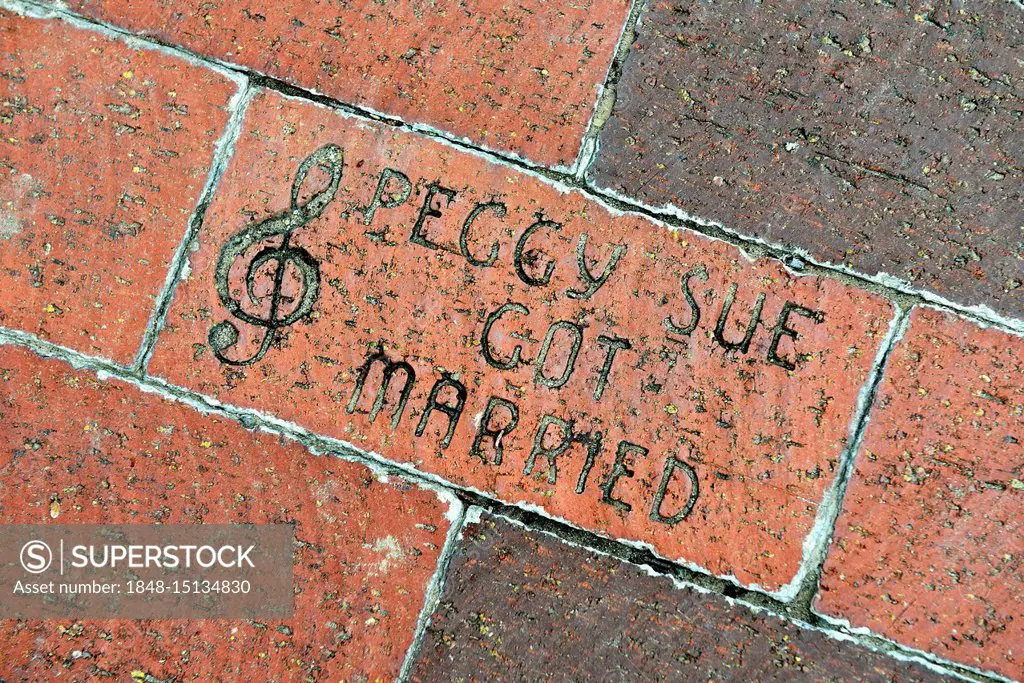 Walk of Fame, Peggy Sue song by Buddy Holly immortalized in floor tile, Lubbock, Texas, USA