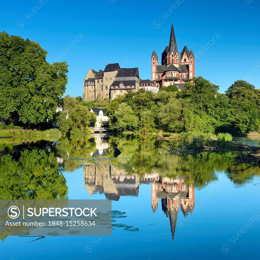 Limburg Cathedral St. Georg or St. George's Cathedral and Limburg Castle over the river Lahn, water reflection, Limburg an der Lahn, Hesse, Germany