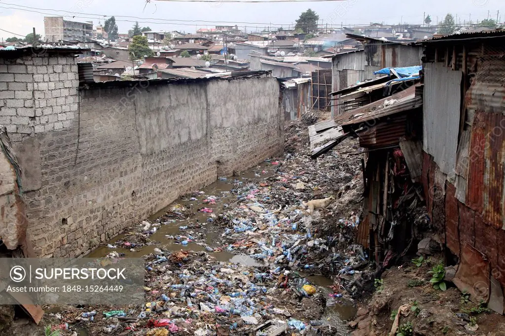 Garbage between corrugated-iron huts, slums, Addis Ababa, Ethiopia