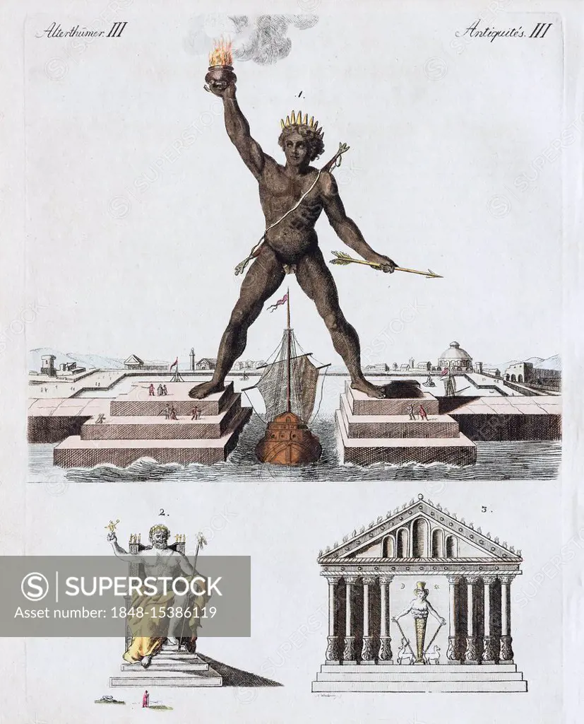 Colossus of Rhodes, Seven Wonders of the World, hand-colored copperplate engraving by Friedrich Justin Bertuch Picture book for children, 1801, Weimar...