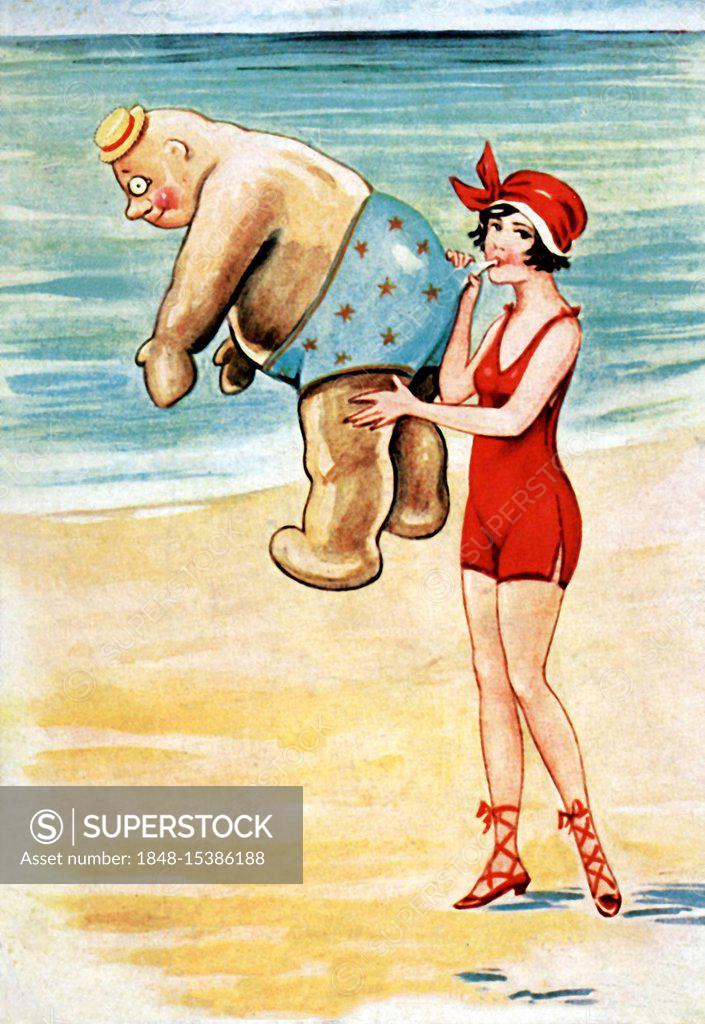 Humor DICKE FRAU AM MEER Badeanzug / FAT WOMAN IN SWIMSUIT Humour * AK um  1920