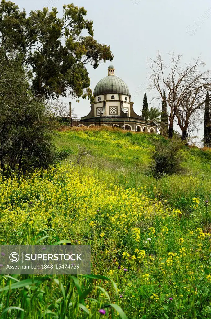 Mount of the Beatitudes, Church of the Beatitudes at Tabgha, Sermon on the Mount, at the Sea of Galilee, Lake of Gennesaret Yam Kinneret, Lake Tiberia...