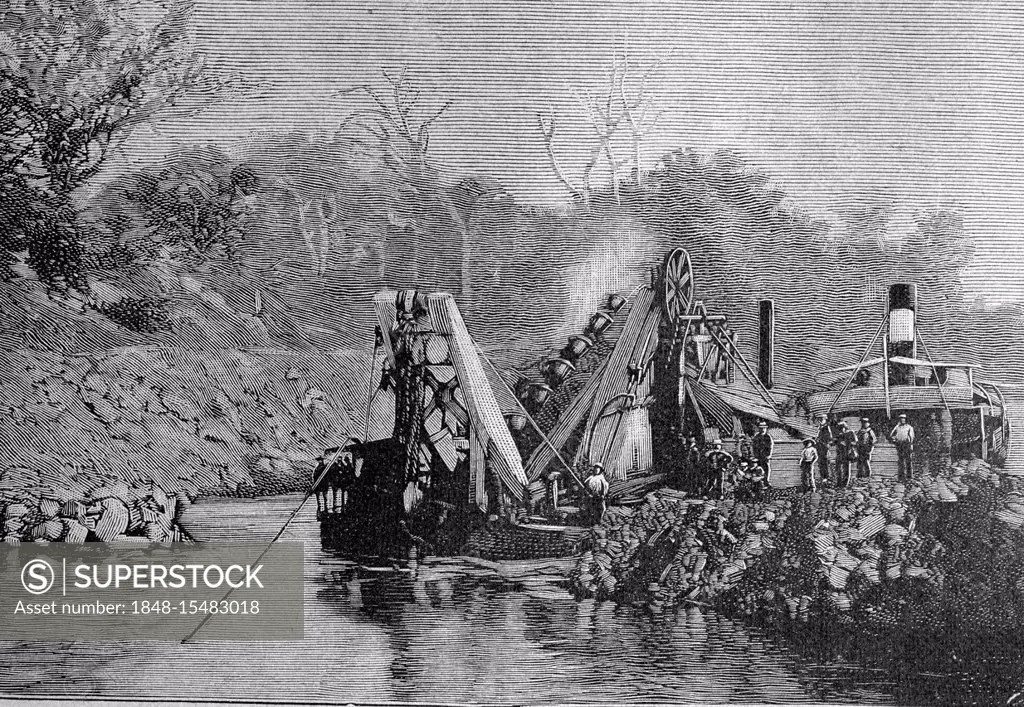 Construction of the Panama Canal, steam excavators at Mindi, Central America, woodcut circa 1871