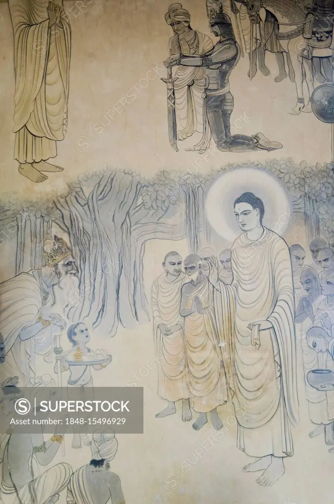 Buddha with his disciples, detail of a wall painting of the Japanese artist Kosetsu Nosu representing the Life of Buddha, Mulagandha Kuti Vihara Buddh...