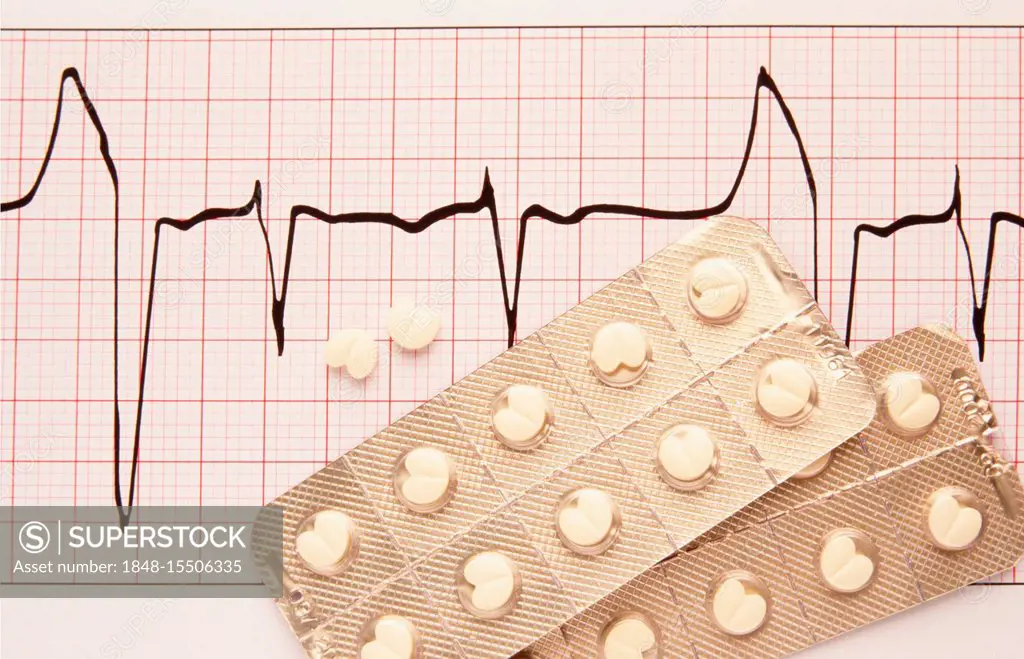 Beta blockers, blister pack on an ECG printout