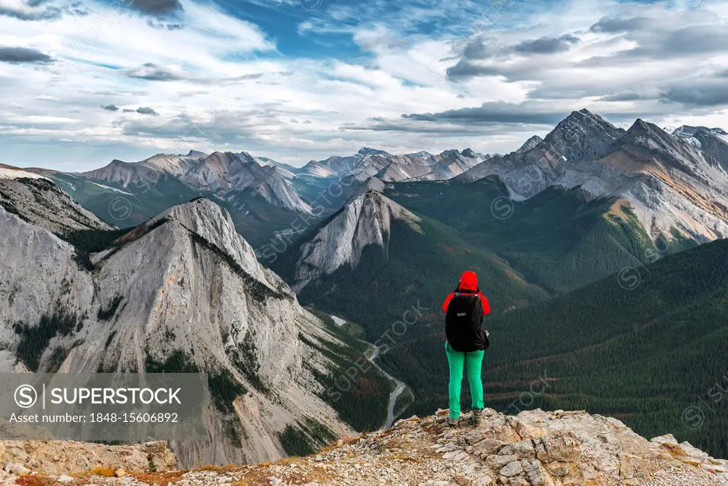 Female hiker views from summit over mountain landscape, panoramic view, Sulphur Skyline Trail, Nikassin Range, Jasper National Park, British Columbia,...