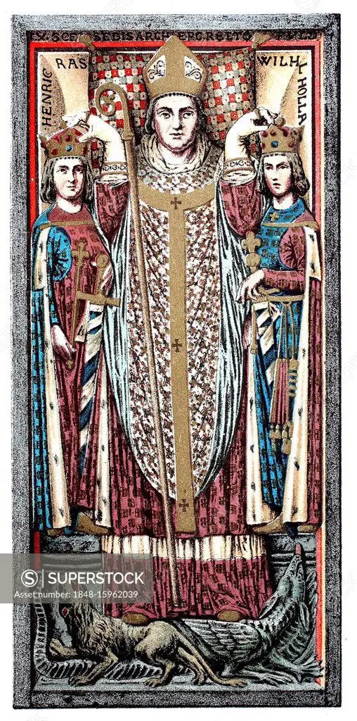 The tomb of Archbishop Siegfried von Eppstein in the cathedral of Mainz, with the German kings Heinrich Raspe and Wilhelm von Holland, woodcut, German...