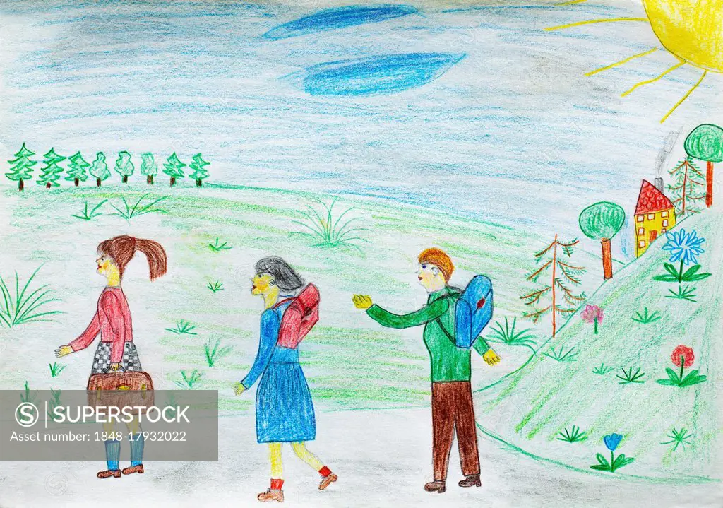 Naive illustration, children's drawing, children on their way to school, Austria, Europe