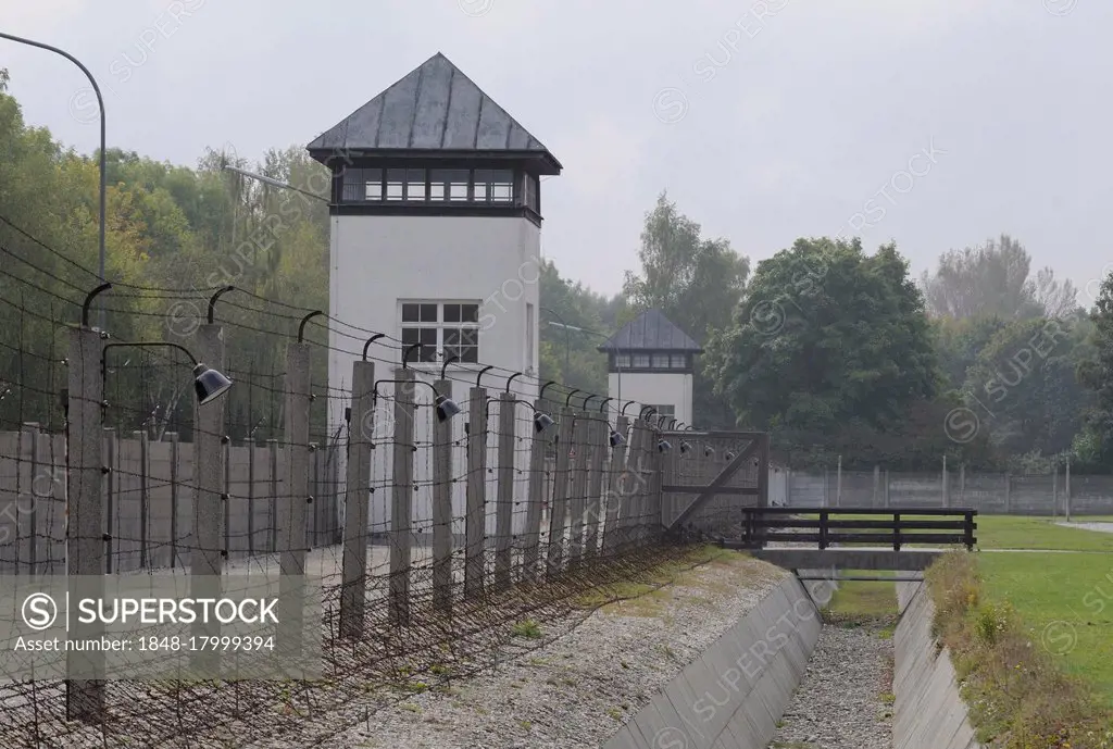 Camp fence and watchtower, former concentration camp Dachau, memorial site, Munich, Bavaria, Germany, Europe