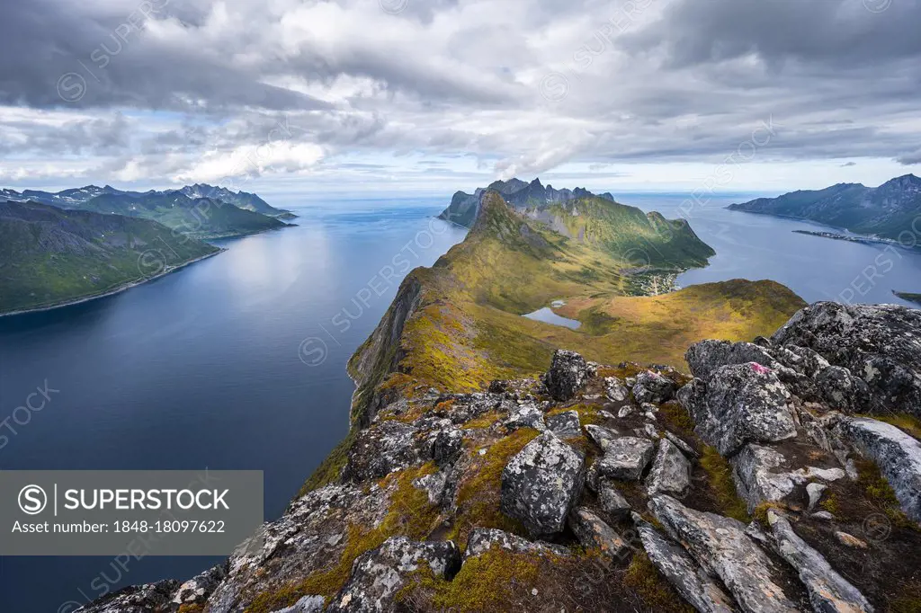 Mountain panorama, fjord and mountains, in the back mountain Segla, view from mountain Barden, Senja, Norway, Europe