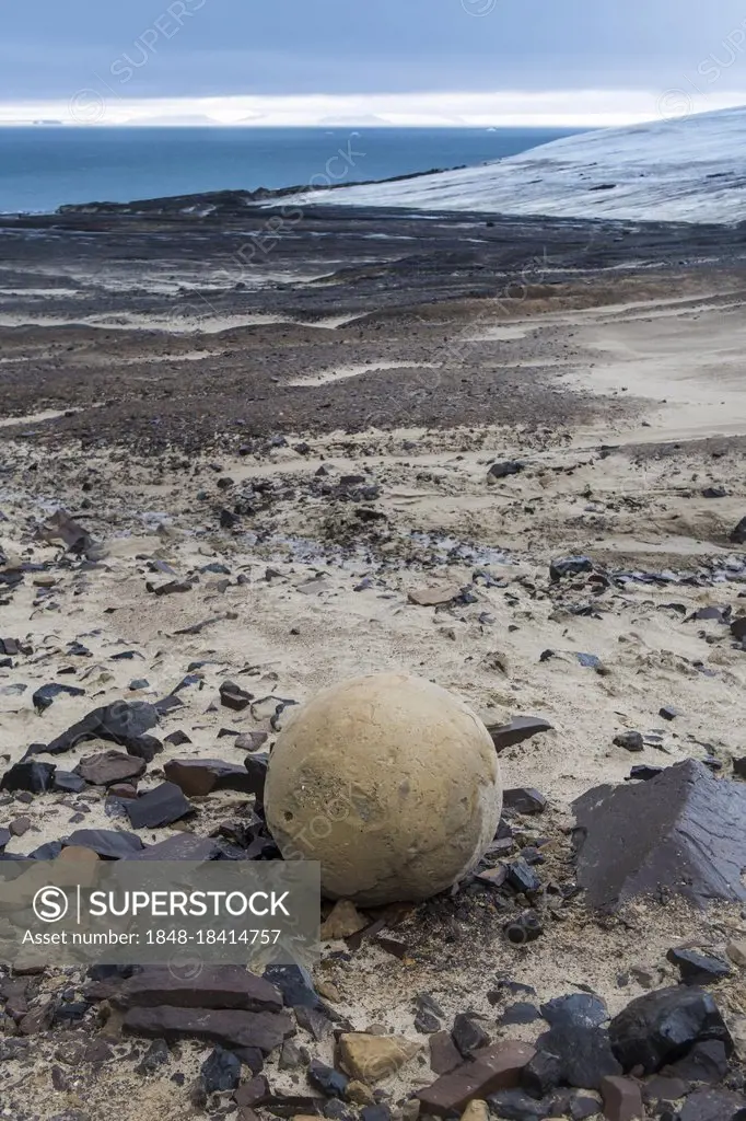 Giant stone sphere, Champ Island, Franz Josef Land archipelago, Russia, Europe