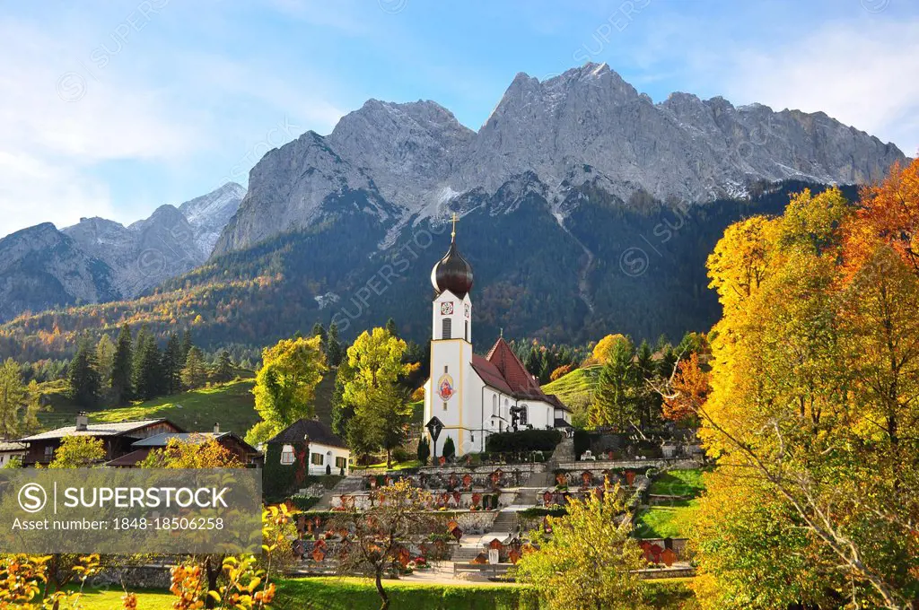 Village church, mountains, Grainau, Bavaria, Germany, Europe