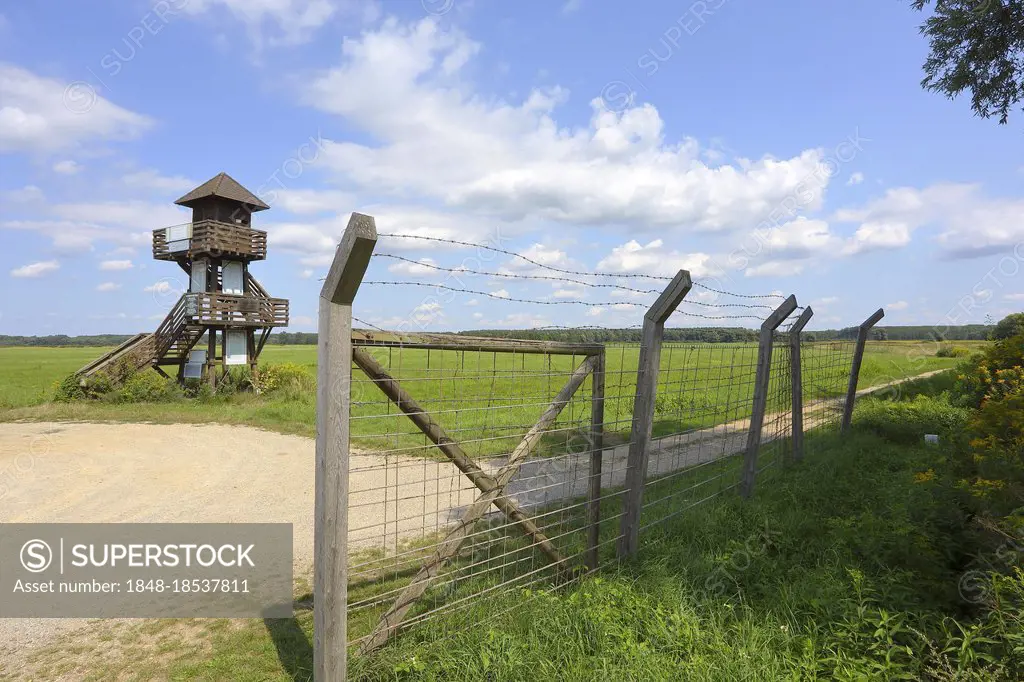 Observation tower, historical monument, border crossing, old border fence, Andau, Seewinkel, Burgenland, Austria, Europe