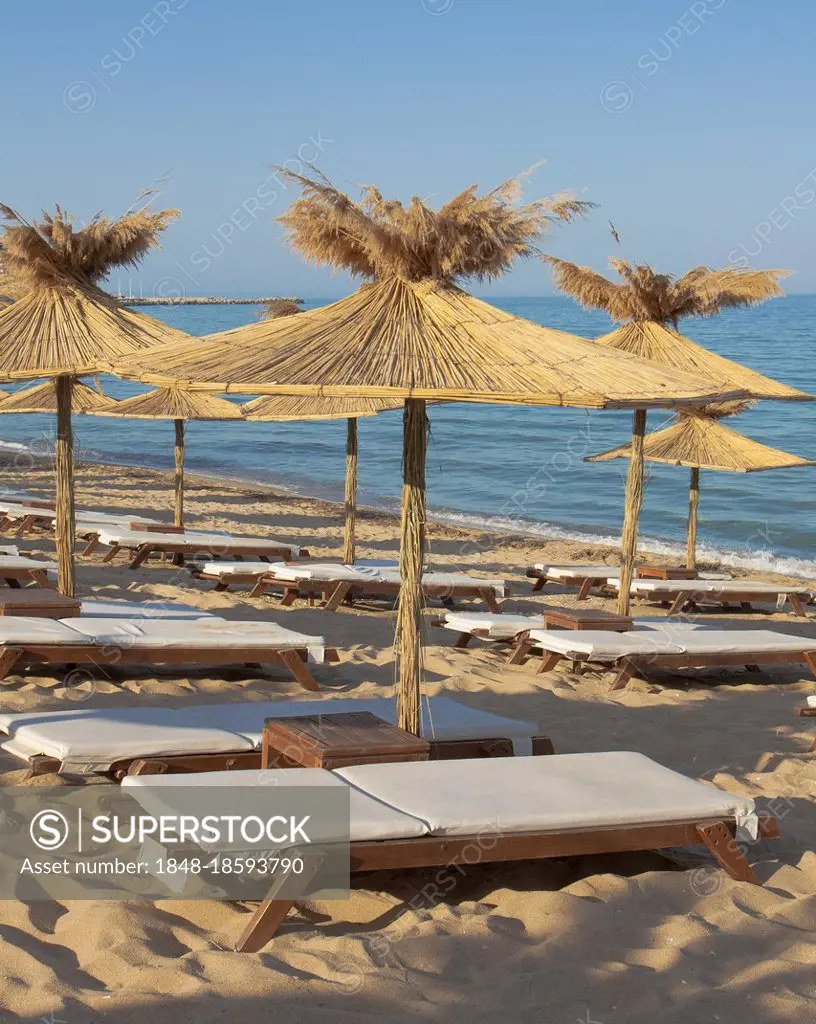 Umbrellas on the beach, St. Constantine and Helena resort, Varna province, Bulgaria, Europe