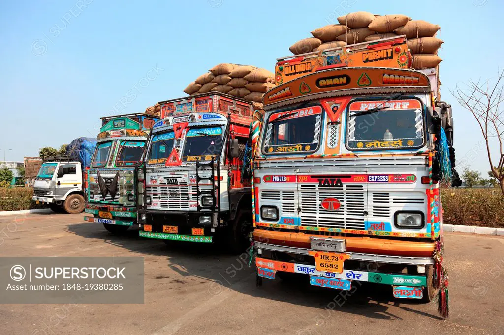 State of Uttar Pradesh, colourful trucks loaded with sacks, North India, India, Asia