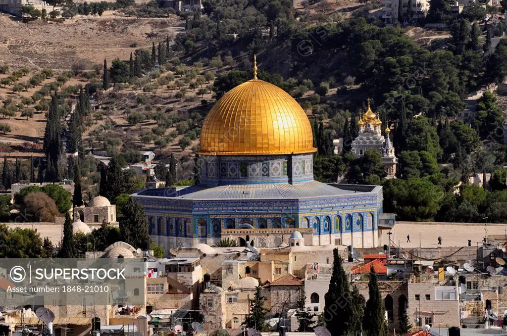 Cupola of the Dome of Rock on the temple mountain, above the historic centre of Jerusalem, Israel, Near East, Orient