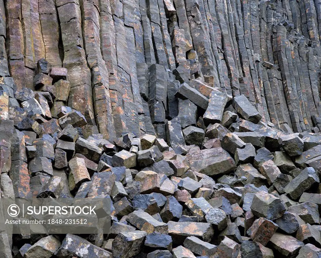 Quarry, basalt stone quarry, basalt array, basalt columns behind