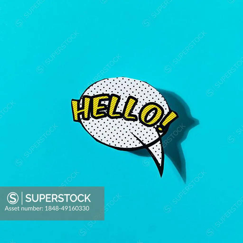 Hello lettering text speech bubble turquoise backdrop