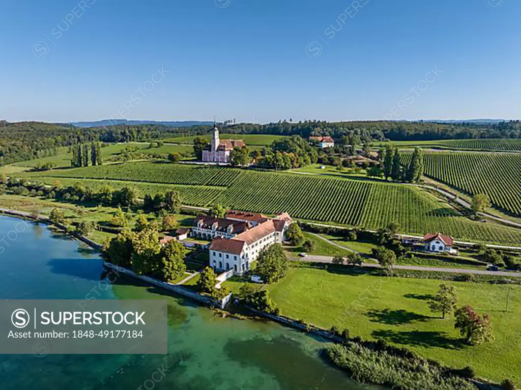 Aerial view of Maurach Castle on Lake Constance, below the Birnau pilgrimage church, Uhldingen-Muehlhofen, Lake Constance district, Baden-Wuerttemberg, Germany, Europe