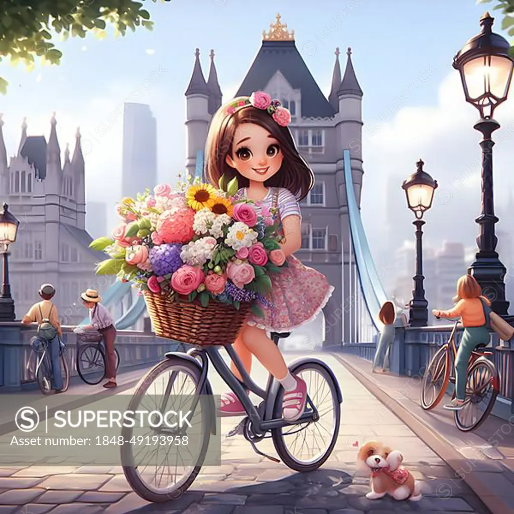 Cute anime girl on bicycle with flowers in the city of London. AI generated  - SuperStock