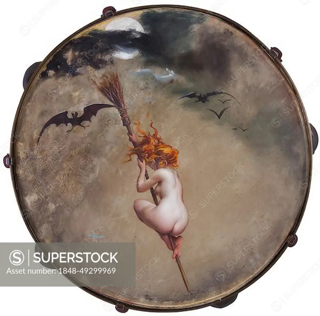 A naked red-haired witch riding her broom through the night, painted on a  tambourine, artwork by Luis Ricardo Falero, Historic, digitally restored  reproduction from an original of the period - SuperStock