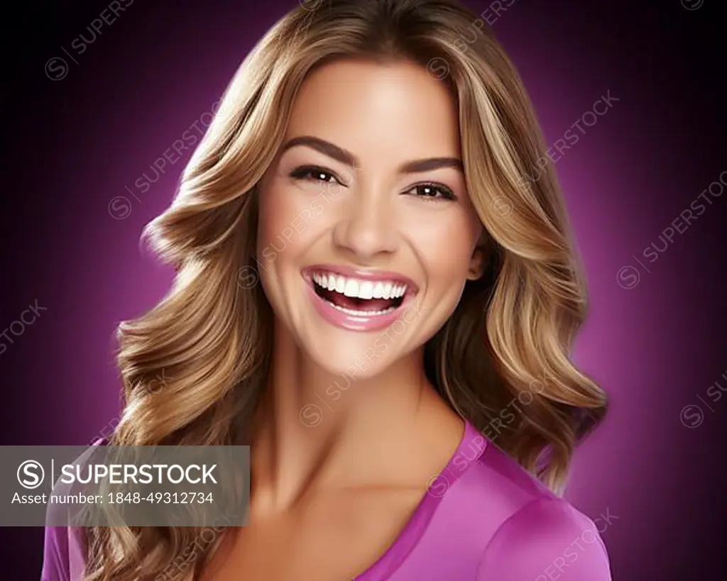 Portrait of a laughing young brunette woman, AI generated - SuperStock