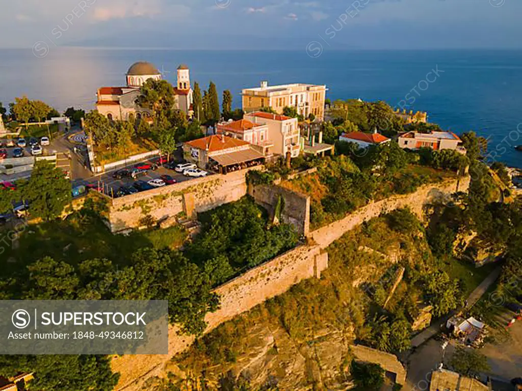 Aerial view, evening light, Old Town, Kavala, Dimos Kavalas, Eastern Macedonia and Thrace, Gulf of Thasos, Gulf of Kavala, Thracian Sea, Greece, Europe