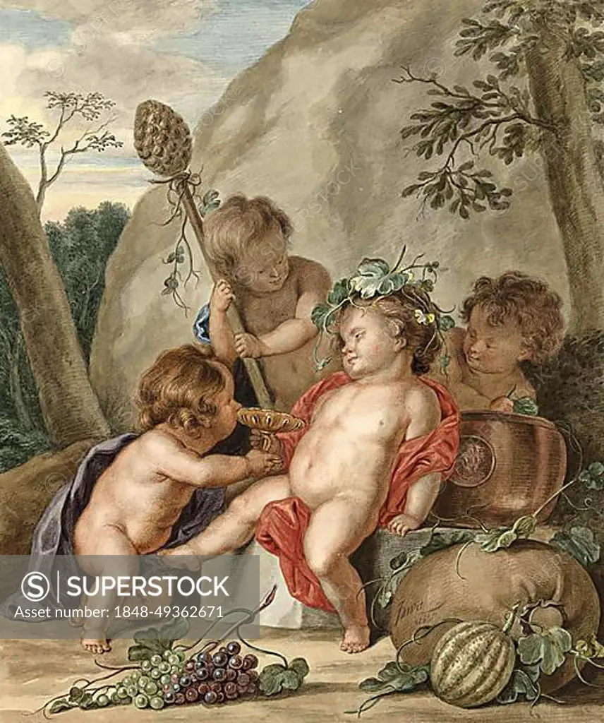 The childlike Bacchus, god of wine, intoxication, madness and ecstasy, in Greek  mythology, playing naked with other children, Historical, digitally  restored reproduction from a 19th century original - SuperStock