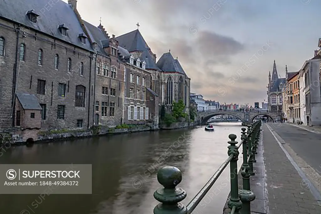 Historic buildings with university row of houses on the Leie