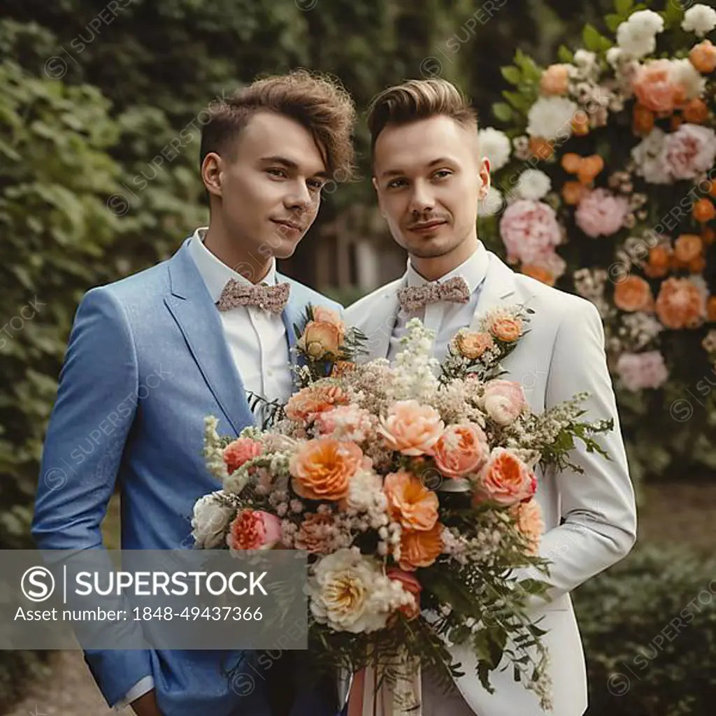 Same-sex, gay, lesbian bridal couple, with a bouquet of flowers in a natural  setting in a garden, AI-generated - SuperStock