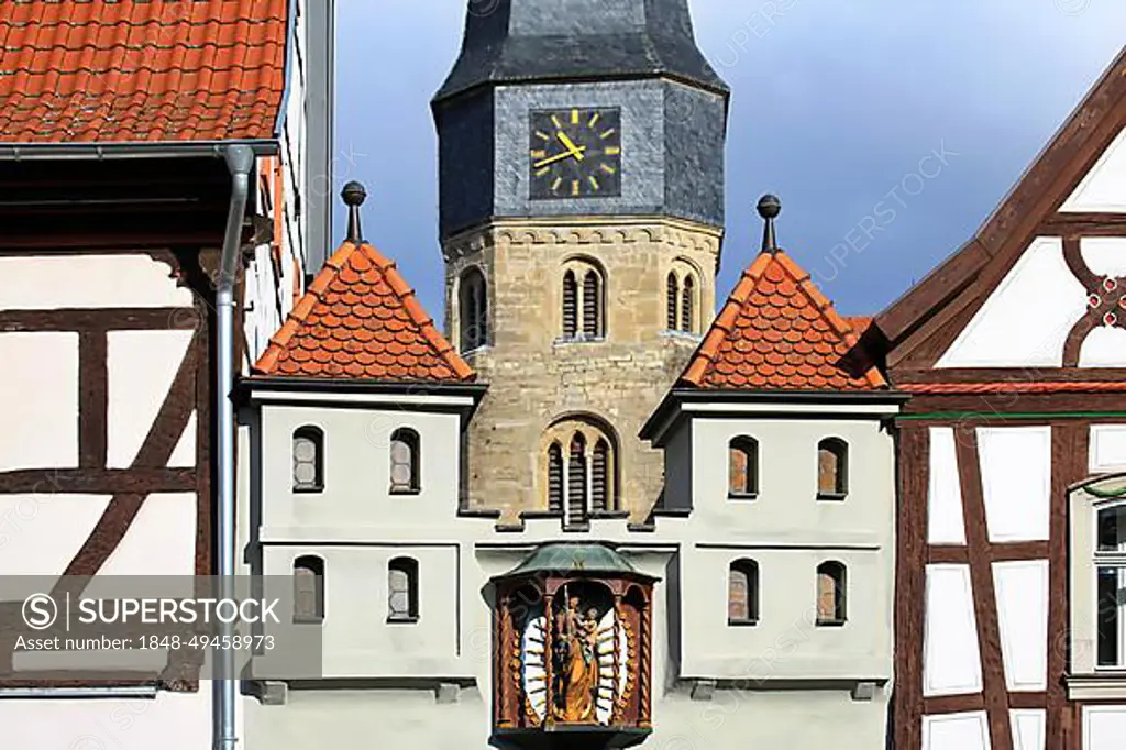 The historic old town of Muennerstadt with a view of the church of St. Maria Magdalena. Muennerstadt, Bad Kissingen, Lower Franconia, Bavaria, Germany, Europe