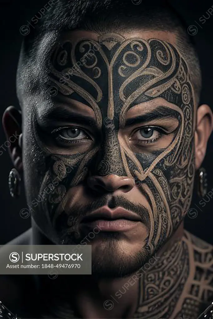 Portrait, man with tattoo on face, tattoo, earrings, beard, Maori, AI generated