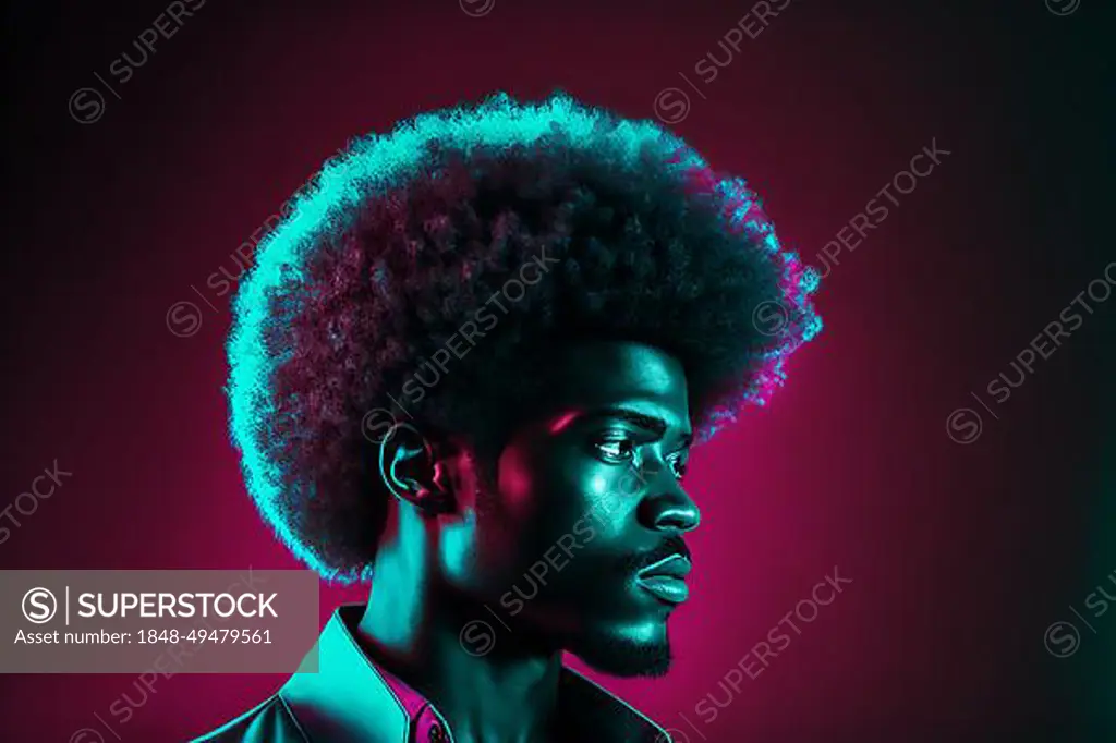 Black man with afro hair looking sideways at camera and backlit with turquoise and pink neon and laser light rays on dark background. Ai generated