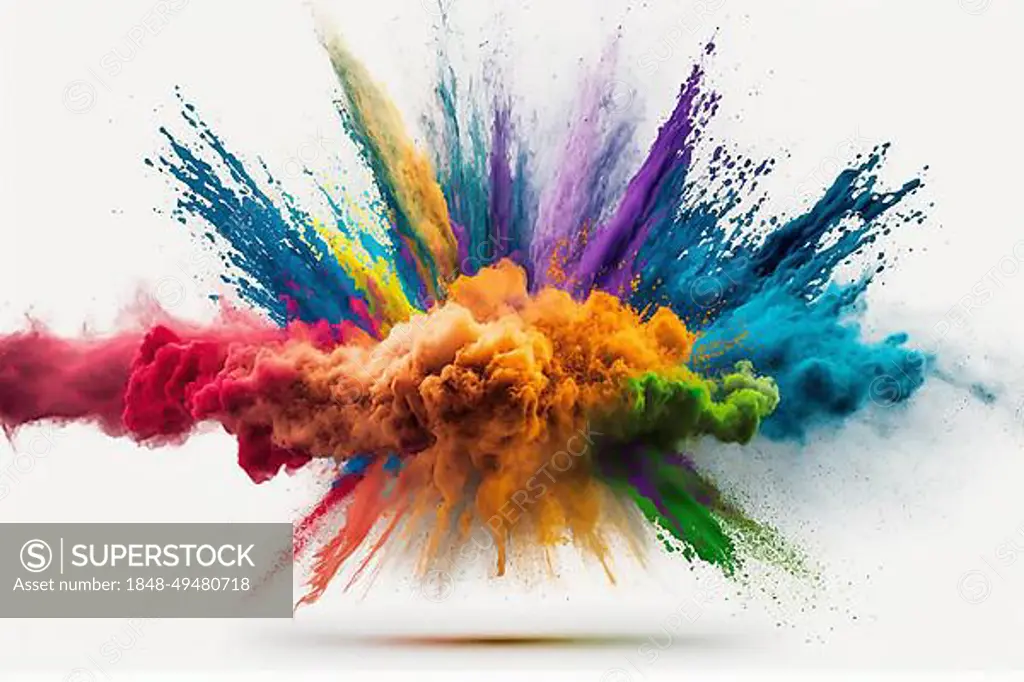 Colorful rainbow holi paint color powder explosion isolated white wide panorama background. Ai generated art