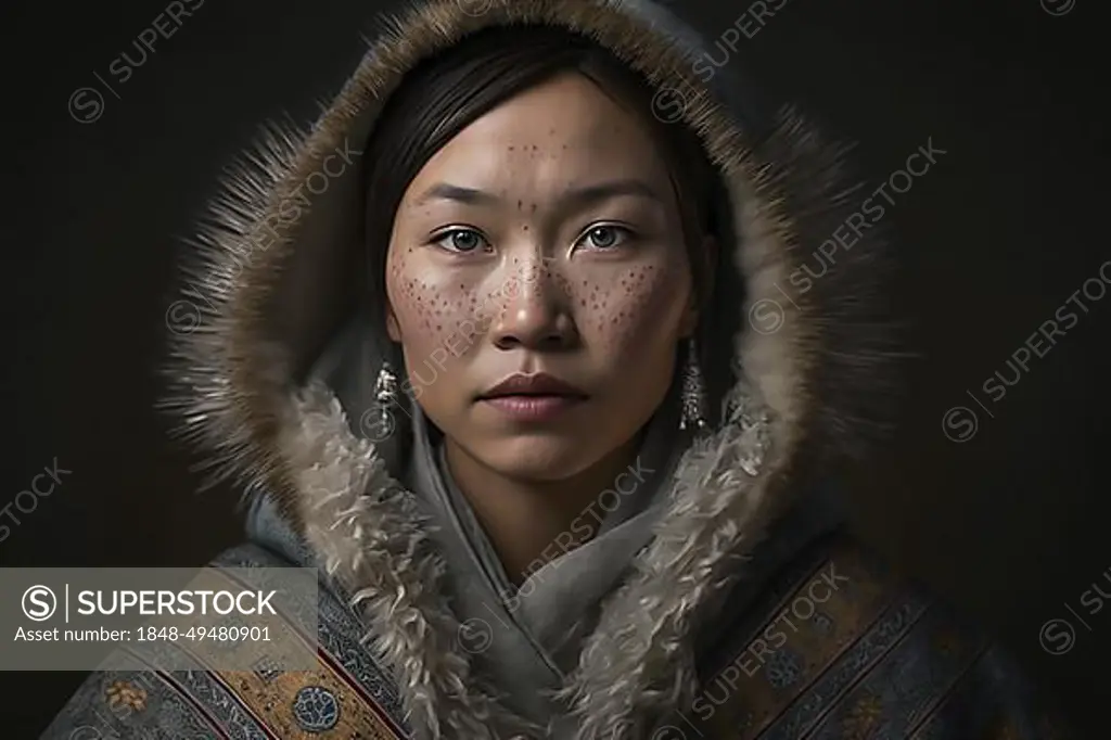 Portrait of woman from Nenets tribe in Siberia. Ai generated art