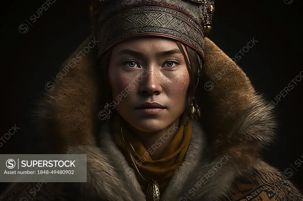 Portrait of woman from Nenets tribe in Siberia. Ai generated art