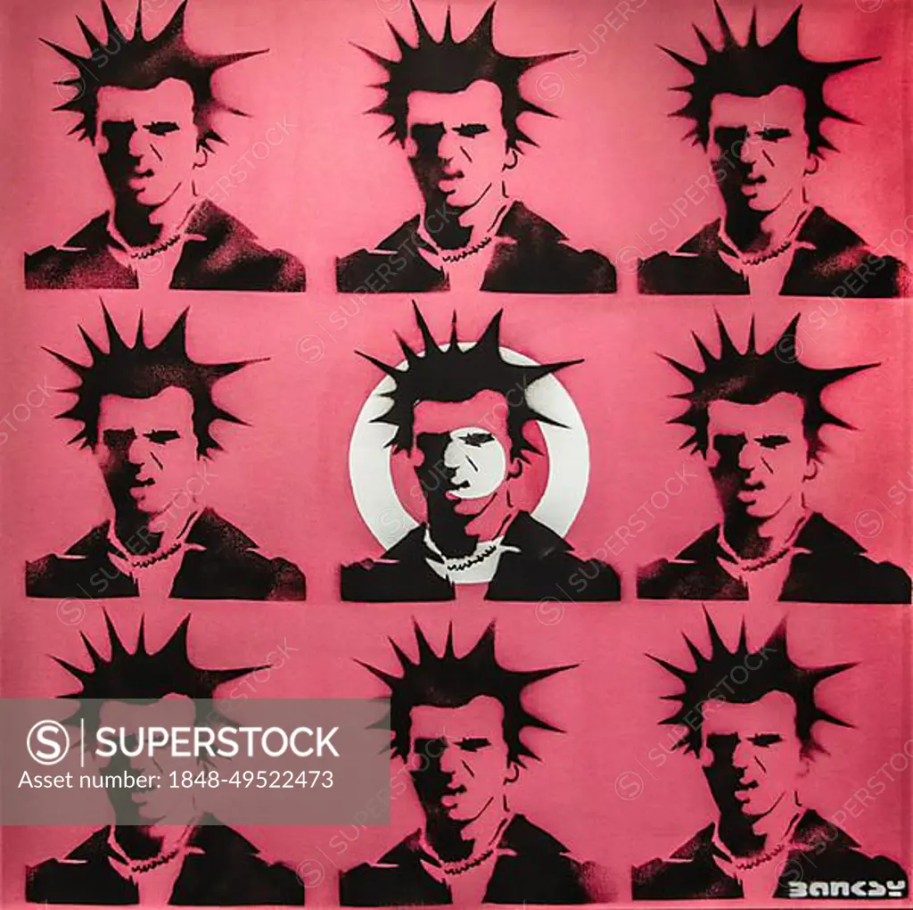 Sid Vicious, bass guitarist and singer of the Sex Pistols, 2000, Banksy,  exhibition about the street artist, Muelheim, Germany, Europe - SuperStock