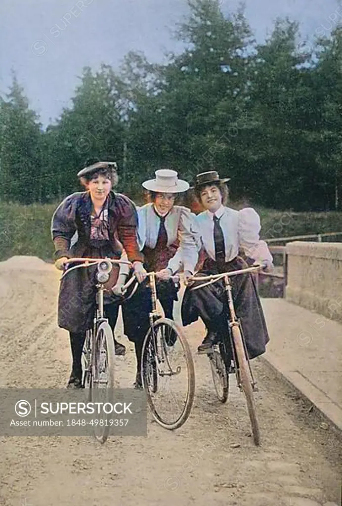 Three Women on Bicycles, circa 1880, Historic, digitally restored reproduction of a 19th century original