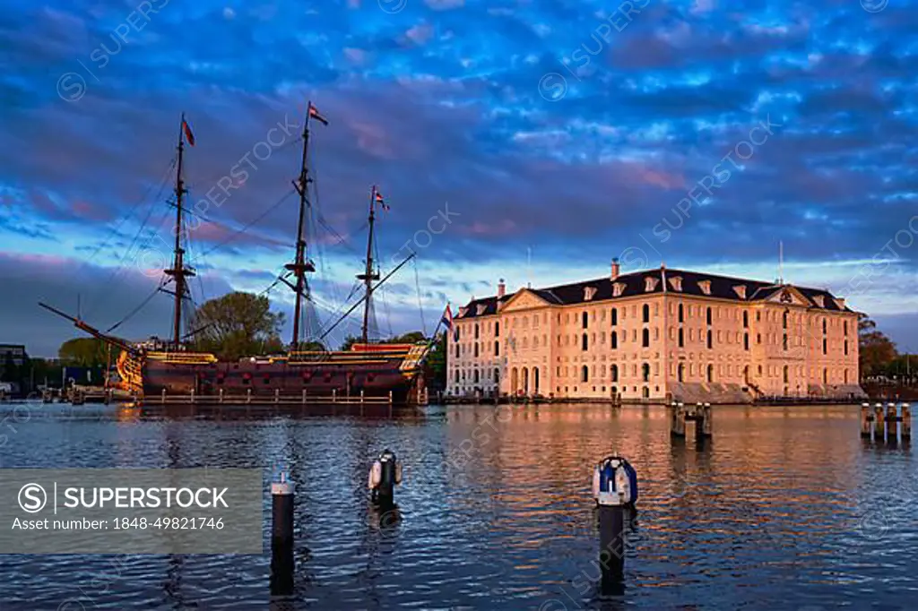 AMSTERDAM, NETHERLANDS, MAY 9, 2017: VOC-schip East Indiaman the Amsterdam and The National Maritime Museum (Het Scheepvaartmuseum)