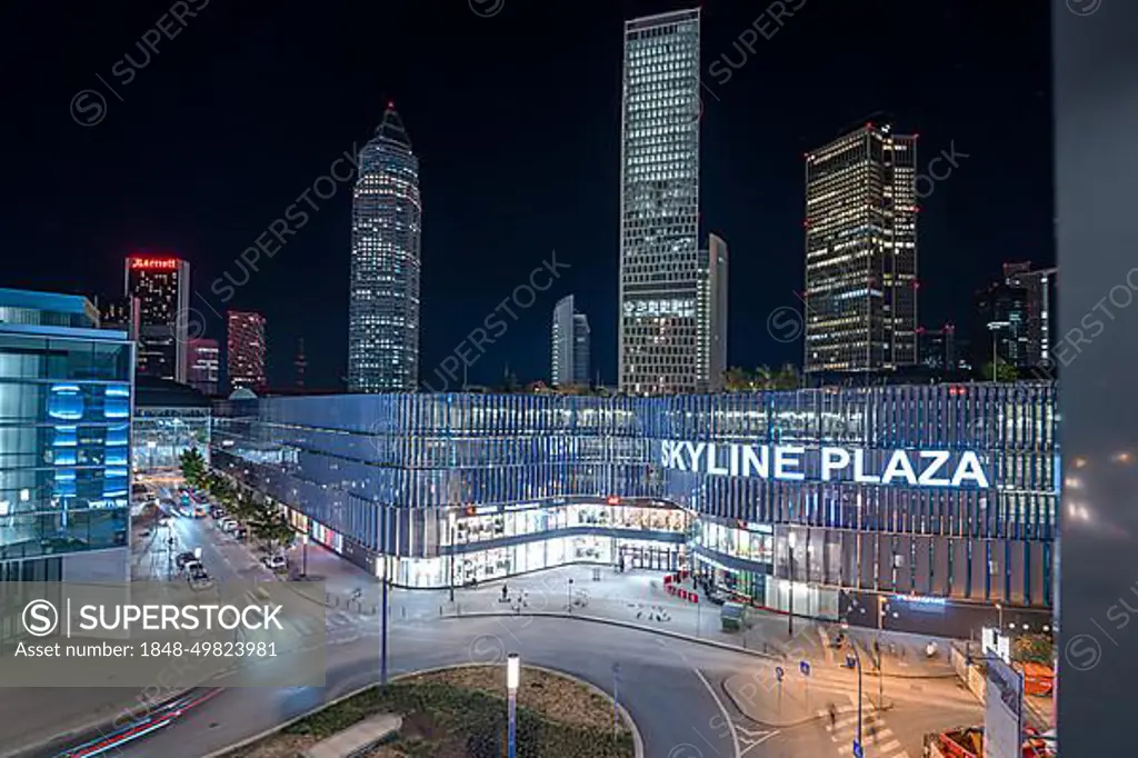 High-rise buildings at night in the city, Frankfurt, Germany, Europe