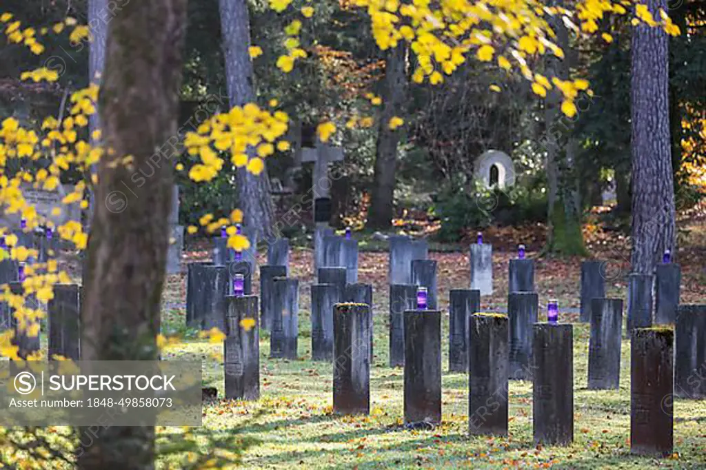 Cemetery for fallen soldiers of the world wars, symbolic photo for the days of remembrance in November. Stuttgart Forest Cemetery, Baden-Wuerttemberg, Germany, Europe